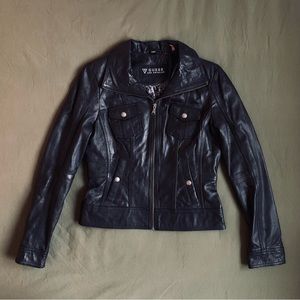 Guess‎ Los Angeles Black Genuine Leather Jacket Women’s Small Zip Button Pockets